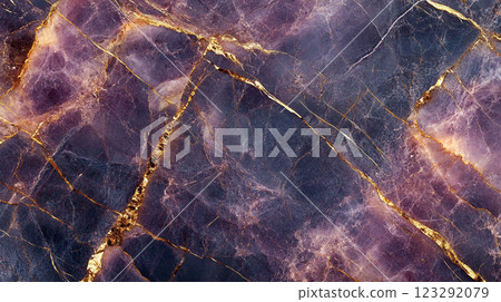 Detailed view of purple stone adorned with delicate golden veins, showcasing nature's artistic patterns and colors and textures that evoke luxury. 123292079