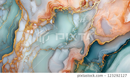 Abstract fluid art with swirling shades of blue, peach, and cream, accented by shimmering gold veins for a luxurious aesthetic. 123292127