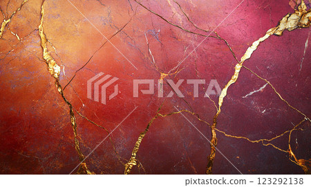 Abstract image with flowing gold veins running through a layered marble background of warm reddish tones and dark fissures. 123292138