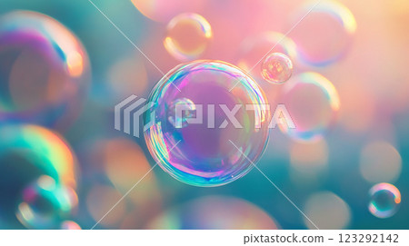 Iridescent bubbles floating serenely, showcasing vibrant colors in dreamy soft light. Ethereal, mesmerizing, playful atmosphere, delicate beauty. 123292142