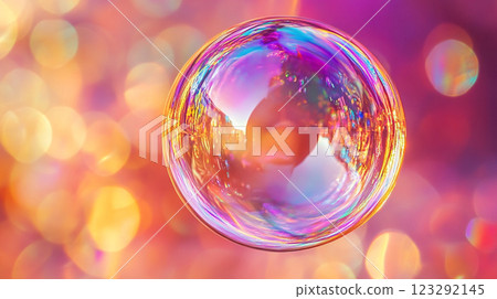 An iridescent bubble floats against a bokeh background. The swirling colors catch the light, creating a captivating, ethereal effect. An iridescent bubble floats against a bokeh background. The swirling colors catch the light, creating a captivating, ethereal effect. 123292145