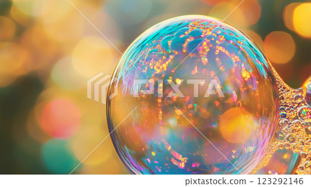 A macro shot of a soap bubble floating with reflected light making it colorful against a blurred colorful background with yellow and orange. 123292146