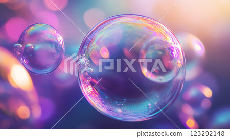 A vibrant display of floating, iridescent bubbles refracting light with an array of colors against a soft, bokeh-filled background. A vibrant display of floating, iridescent bubbles refracting light with an array of colors against a soft, bokeh-filled background. 123292148