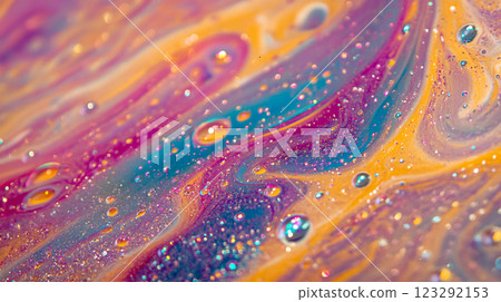 Colorful, bubbly surface with swirls of purple, yellow and turquoise, sparkling with tiny iridescent particles. A captivating abstract design. Colorful, bubbly surface with swirls of purple, yellow and turquoise, sparkling with tiny iridescent particles. A captivating abstract design. 123292153