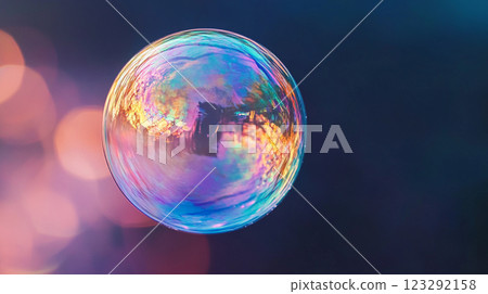 Iridescent soap bubble, a shimmering sphere with rainbow colors reflecting light, floating against a blurred backdrop. Abstract art and fragile. 123292158