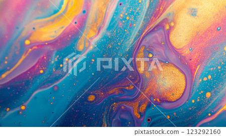 Colorful paint swirls in mesmerizing patterns, blending blue, purple, yellow, and gold hues for a captivating abstract design. Colorful paint swirls in mesmerizing patterns, blending blue, purple, yellow, and gold hues for a captivating abstract design. 123292160