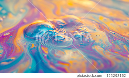 Iridescent swirls and bubbles create an ethereal abstract, blending blue, purple and gold hues. Macro shot highlighting unique formations. 123292162