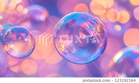 Surreal iridescent orbs float amongst a colorful bokeh background, capturing a dreamy, ethereal, and otherworldly atmosphere. 123292164