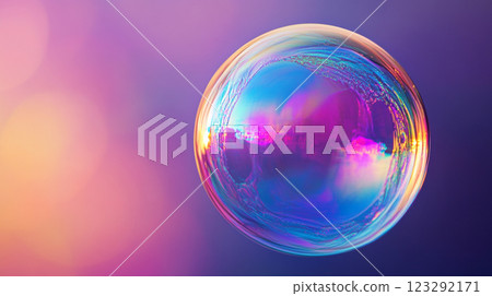 A mesmerizing soap bubble floats, displaying an iridescent spectrum against a vibrant purple and soft orange bokeh background. 123292171