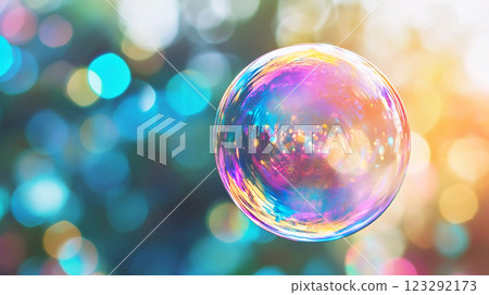 A colorful iridescent bubble floating and reflecting light, creating a mesmerizing and ethereal effect against a blurred, bokeh background. A colorful iridescent bubble floating and reflecting light, creating a mesmerizing and ethereal effect against a blurred, bokeh background. 123292173