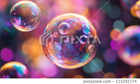 Floating iridescent soap bubbles against a blurry background create a magical, dreamlike effect. Floating iridescent soap bubbles against a blurry background create a magical, dreamlike effect. 123292174