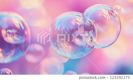 Iridescent bubbles float against a pastel dreamscape, reflecting light and colors in a mesmerizing dance of ephemeral beauty. 123292175