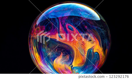 An eye-catching soap bubble with swirling colors in a captivating display of physics against a stark black backdrop, creating an iridescent globe. 123292176