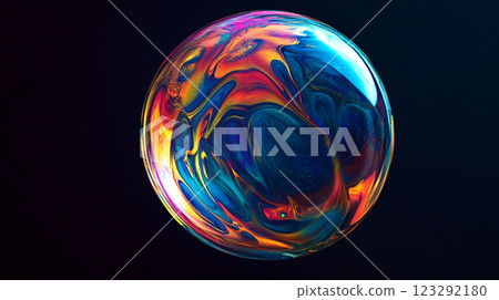Iridescent sphere against a dark backdrop, showcasing swirling patterns of vibrant blues, oranges, and yellows with a glossy finish. Iridescent sphere against a dark backdrop, showcasing swirling patterns of vibrant blues, oranges, and yellows with a glossy finish. 123292180