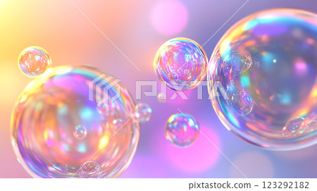 Floating iridescent bubbles with a rainbow sheen, suspended against a blurred pastel backdrop, exuding a whimsical and dreamlike quality 123292182