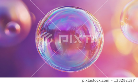 Iridescent spheres float against a vibrant purple backdrop, creating an ethereal and dreamlike abstract atmosphere of light and color. 123292187