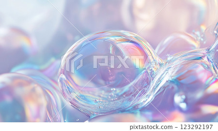 Iridescent Bubbles: Captivating reflections in liquid orbs, creating ethereal beauty and delicate textures. Light plays across smooth surfaces. 123292197