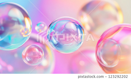 Iridescent spheres float in a colorful gradient background, creating a sense of weightlessness and visual harmony with soft reflections. 123292202
