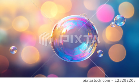 Iridescent bubbles float against a soft, blurred background of warm bokeh lights, creating a dreamy and ethereal atmosphere. Iridescent bubbles float against a soft, blurred background of warm bokeh lights, creating a dreamy and ethereal atmosphere. 123292203