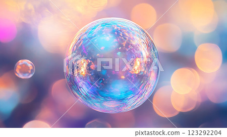 Captivating, iridescent bubble with swirling colors, floats against a blurred backdrop of soft pinks, purples, and blues creating a dreamy effect. Captivating, iridescent bubble with swirling colors, floats against a blurred backdrop of soft pinks, purples, and blues creating a dreamy effect. 123292204