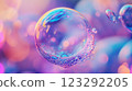 A mesmerizing iridescent soap bubble, reflecting vibrant hues against a soft, bokeh-filled backdrop. Pure abstract artistry in motion. 123292205