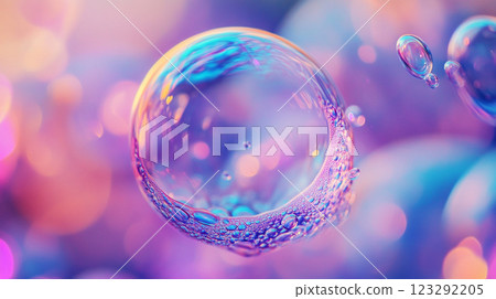 A mesmerizing iridescent soap bubble, reflecting vibrant hues against a soft, bokeh-filled backdrop. Pure abstract artistry in motion. A mesmerizing iridescent soap bubble, reflecting vibrant hues against a soft, bokeh-filled backdrop. Pure abstract artistry in motion. 123292205