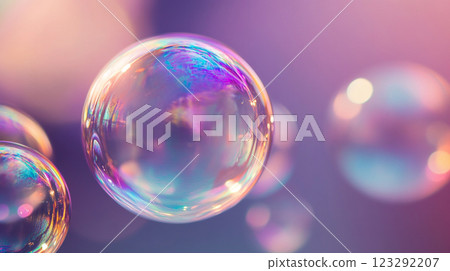 Macro photograph capturing the ethereal beauty of iridescent soap bubbles, creating a dreamlike, visually stunning and colorful spectacle. 123292207