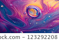 Colorful liquid abstract with swirling purple, blue, and gold hues. Bubbles add depth to this mesmerizing macro shot. 123292208