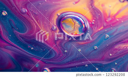 Colorful liquid abstract with swirling purple, blue, and gold hues. Bubbles add depth to this mesmerizing macro shot. Colorful liquid abstract with swirling purple, blue, and gold hues. Bubbles add depth to this mesmerizing macro shot. 123292208