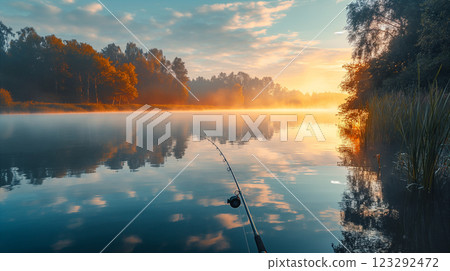 Lakeside fishing at sunrise with mist over calm waters. Generative AI Lakeside fishing at sunrise with mist over calm waters. Generative AI 123292472