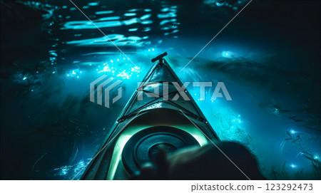 Kayaking through glowing waters on a bioluminescent adventure. Generative AI 123292473