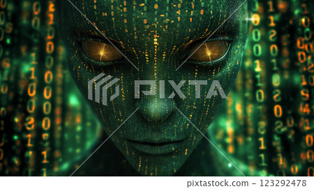 Green binary code fills the screen with alien glyphs surrounding a mysterious being. Generative AI 123292478