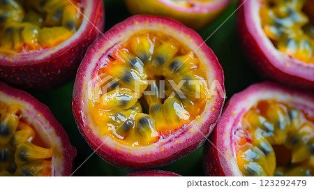 Brightly colored passion fruits cut open across a green background. Generative AI 123292479