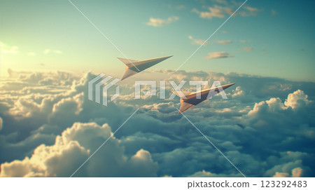 Paper airplanes flying in a blue sky with fluffy clouds during daytime. Generative AI 123292483