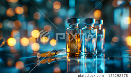 Syringe and vials of medication on a reflective surface with bokeh background. Generative AI 123292578