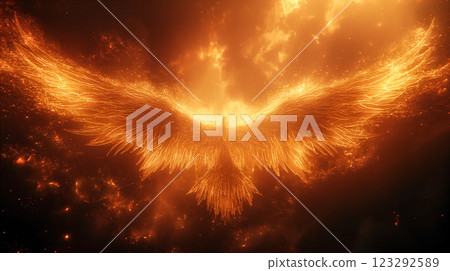 Fiery Phoenix Wings Spread Against a Starry Sky. Generative AI 123292589