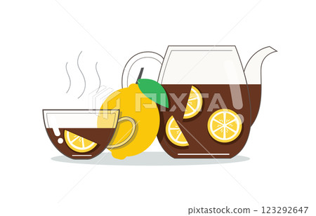 Hot Lemon Tea with Fresh Lemon vector illustration 123292647
