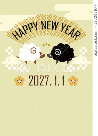 New Year's card template illustration celebrating the Year of the Sheep, Japanese style, 2027 New Year's card template illustration celebrating the Year of the Sheep, Japanese style, 2027 123292677