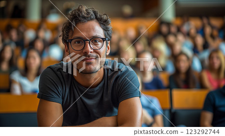 Engaging speaker presenting to attentive audience in lecture hall setting. Generative AI 123292744