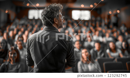 Speaker engages large audience in darkened auditorium during important event. Generative AI 123292745