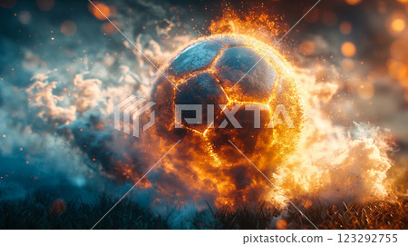 Flaming soccer ball surrounded by vibrant clouds at sunset. Generative AI 123292755