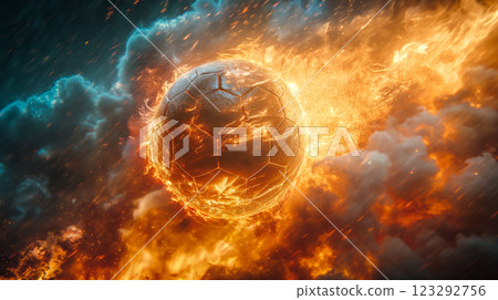 Flaming soccer ball surrounded by vibrant clouds at sunset. Generative AI Flaming soccer ball surrounded by vibrant clouds at sunset. Generative AI 123292756