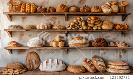 Variety of freshly baked bread displayed on wooden shelves in a bakery. Generative AI 123292781