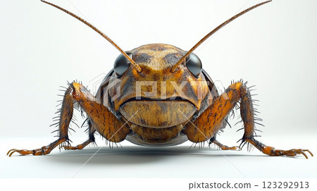 Close-up view of a cockroach on a clean white background highlighting its distinct features and textures 123292913