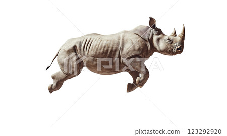 Dynamic leap of a rhinoceros captured in mid-air showcasing its strength and agility against a plain background Dynamic leap of a rhinoceros captured in mid-air showcasing its strength and agility against a plain background 123292920