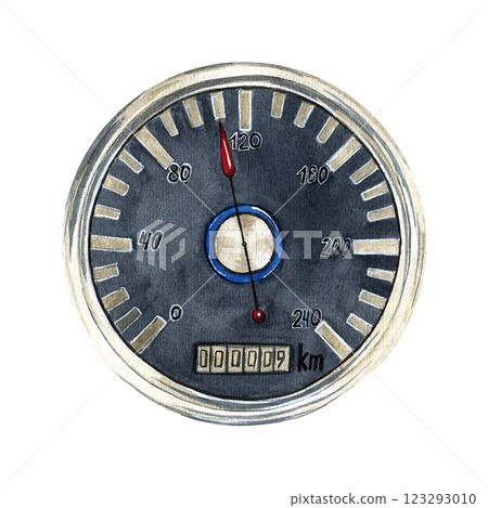 Speedometer. Moto tachometer. Watercolor hand-drawn illustration isolated from the background. For create composition with helmet, motorcycle. absorber. About speeding, traffic laws, safety on road 123293010