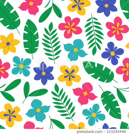 Seamless pattern with exotic flowers and tropical leaves on white background. Colorful summer collection. Wild jungle greenery. Vector flat illustration for wallpaper, textile, packaging 123293446