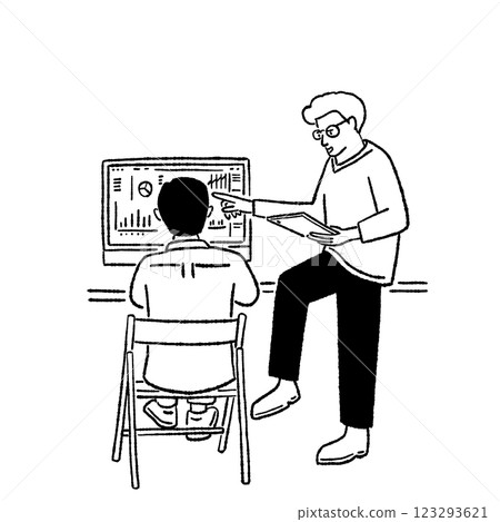 People working Business Office lifestyle with Computer display graph and chart Hand drawn line art illustration cartoon 123293621