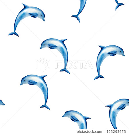 Seamless pattern with dolphin jumping. Watercolor hand drawn illustration isolated on background. For designers, postcards, greetings, birthday, calendar, wallpapers, wrapping paper, logo, baby design Seamless pattern with dolphin jumping. Watercolor hand drawn illustration isolated on background. For designers, postcards, greetings, birthday, calendar, wallpapers, wrapping paper, logo, baby design 123293653