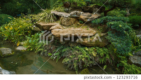Chengdu, Sichuan, China. Garden Area Of Wuhou Memorial Temple. Ornamental Bonsai Tree. Stream Flows Through Bonsai Garden. Comfortable Environment To Embrace Nature 123293716